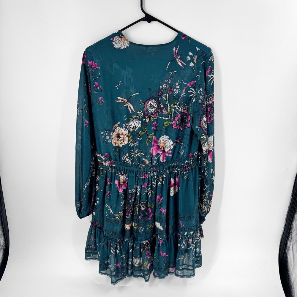 Free People Teal Floral V-Neck Mini Dress OB1235281 Long Sleeve Boho XS - Picture 9 of 9